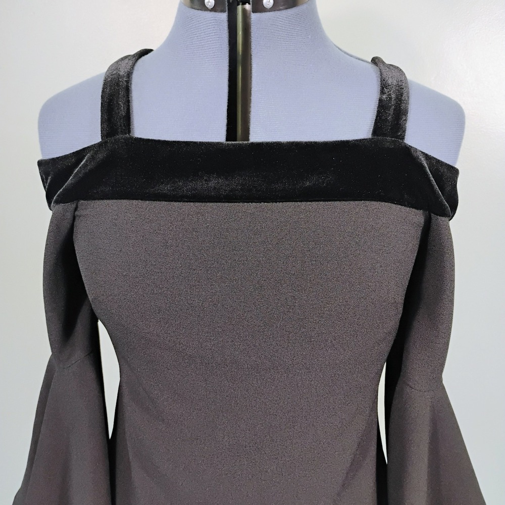 Chelsea28 Black Womens Velvet Trim Ruffle Sleeve Shift Mini Dress Size 6 Formal - Picture 2 of 10